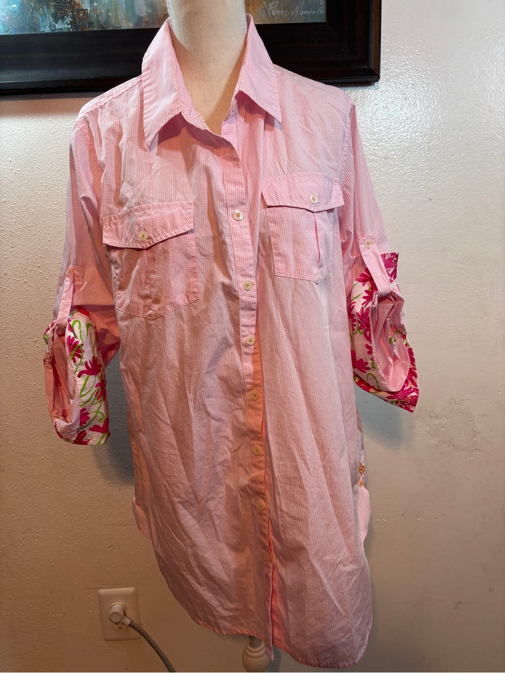 Lilly Pulitzer Pink Button-Down Shirt with Floral Sleeve Trim